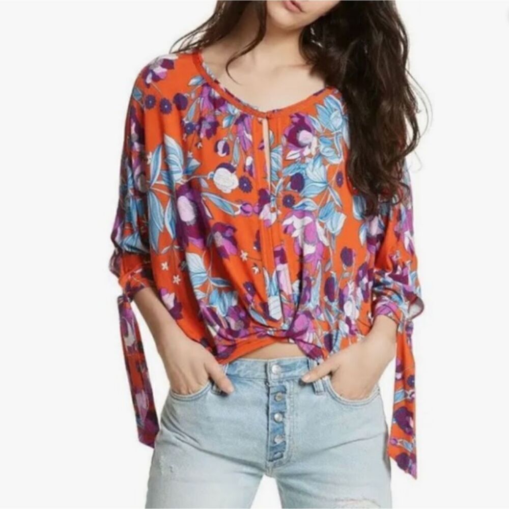 Free People Keepin On Boho Tie Sleeve Top Orange Purple Blue Women's Size Medium